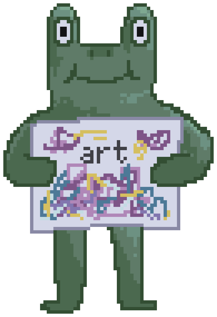 pixel art of a green frog smiling and holding up a canvas. the canvas has colourful squiggles on there alongside text that says 'art'.