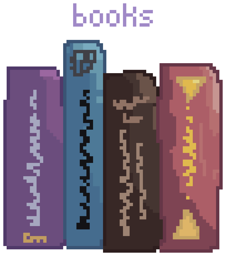 pixel art of four books in different colours. it says 'books' above it in light purple.