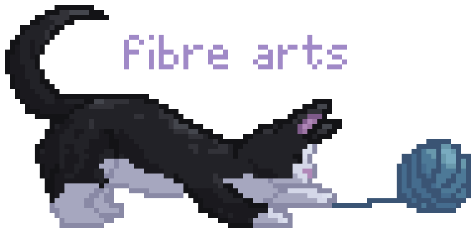 pixel art of a black and white cat playing with a string from a ball of yarn. it says 'fibre arts' above it in light purple