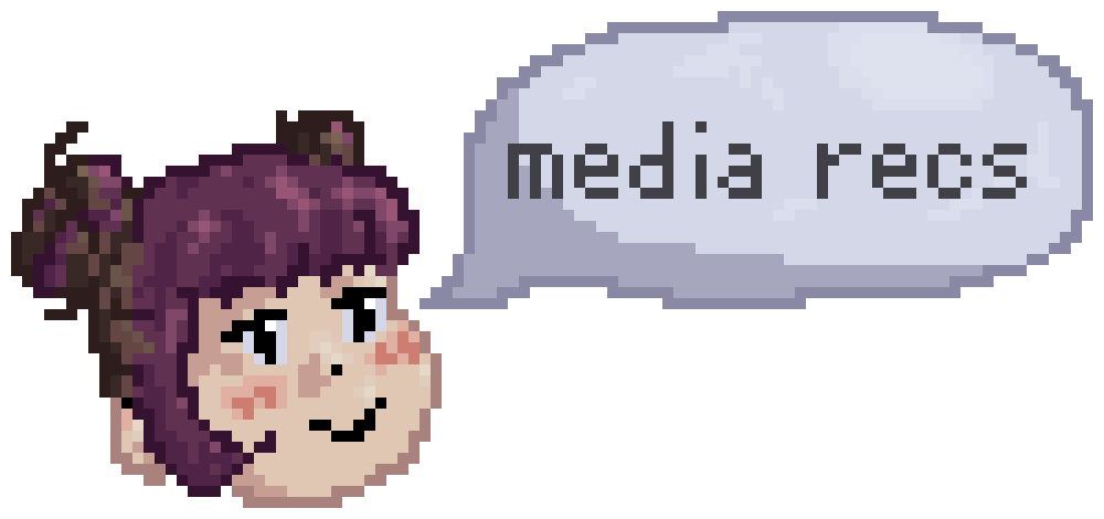 pixel art of a girl's head saying 'media recs'. her hair is in space buns and she's smiling.