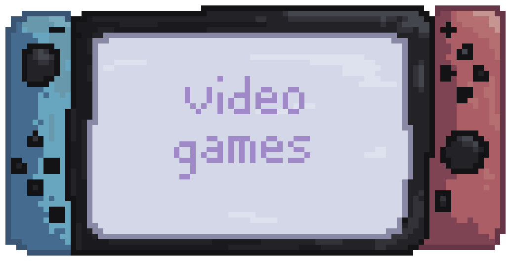 pixel art of a nintendo switch with a white screen that says 'video games' in light purple.