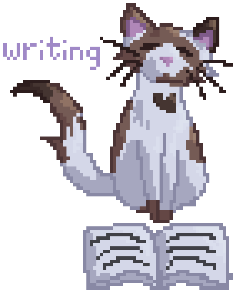 pixel art of a sleepy white and brown cat sitting behind an open book. it says 'writing' above it in light purple.